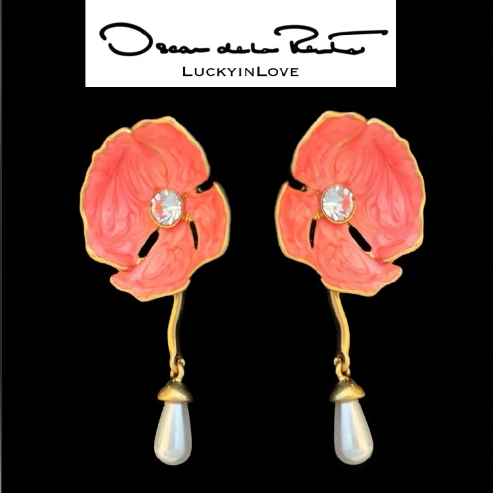 Oscar de la Renta • Enamel Poppy Flower Pearl Drop Earrings